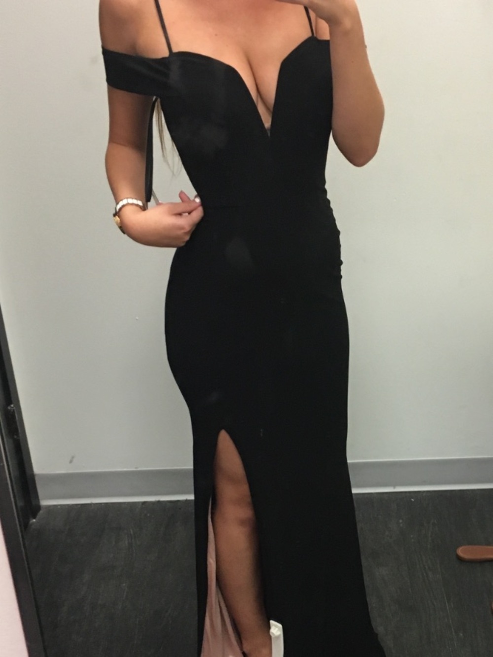 Black Off-Shoulder Plunge Evening Dress